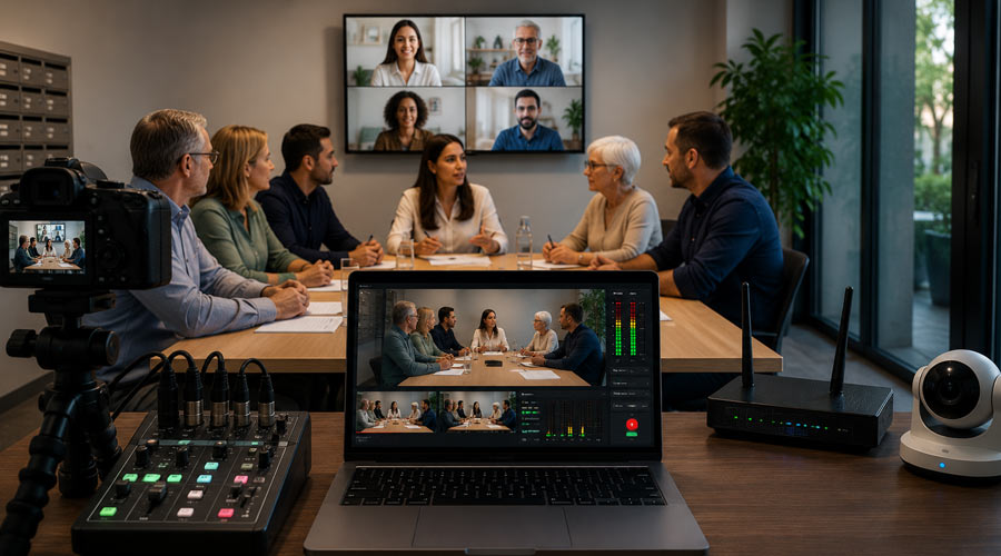 Junta de propietarios celebrada por streaming en formato híbrido con asistentes presenciales y propietarios conectados online